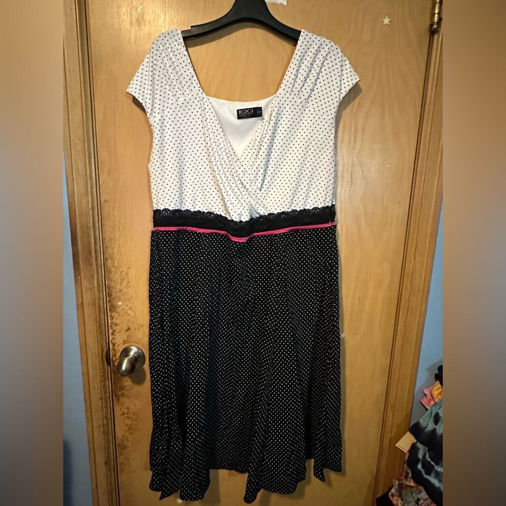 Igigi Plus Size 18/20 Polka Dot Midi Dress Black White Pink Belt Stretch Knit EU